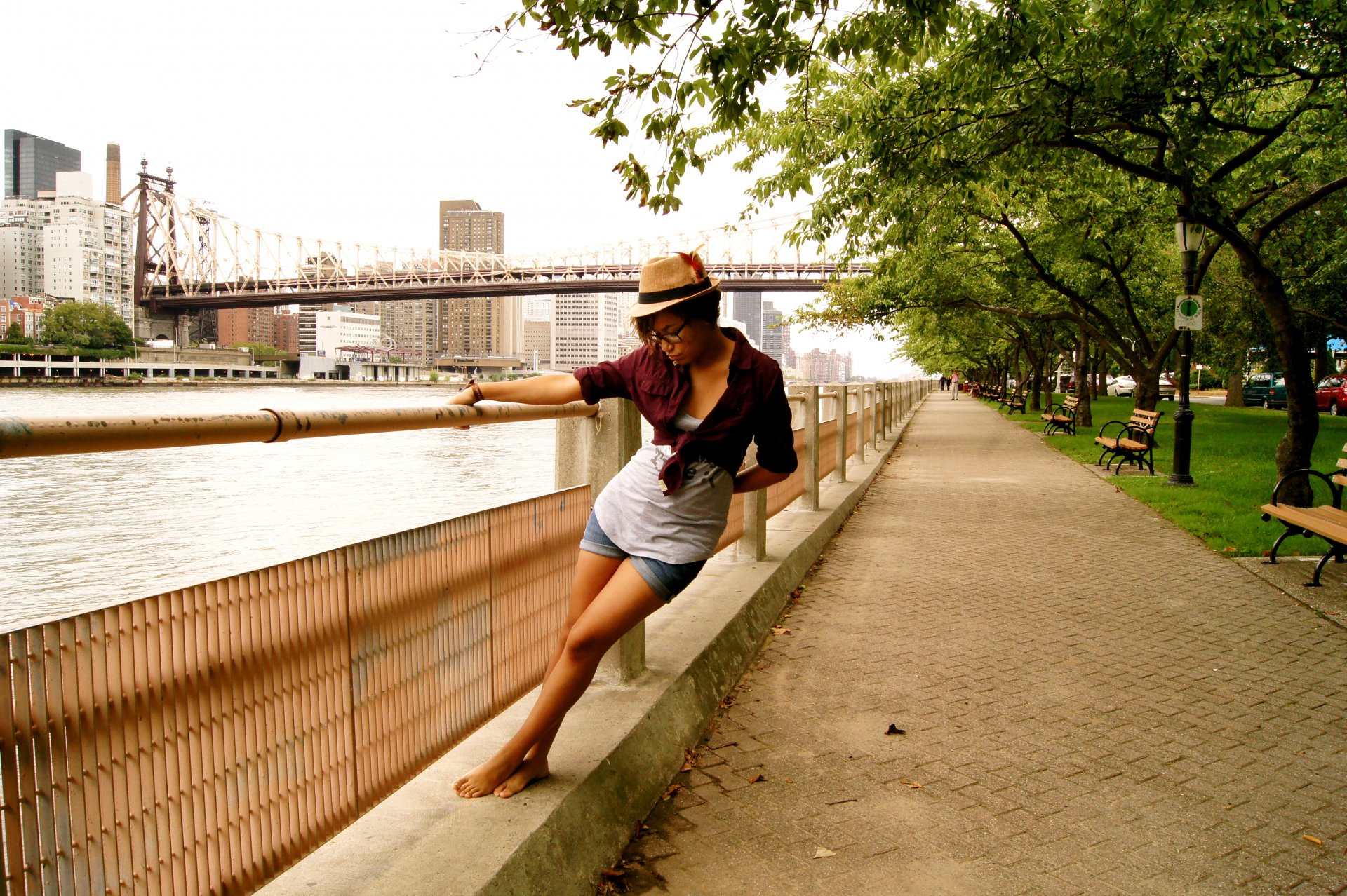 girl town river bridge