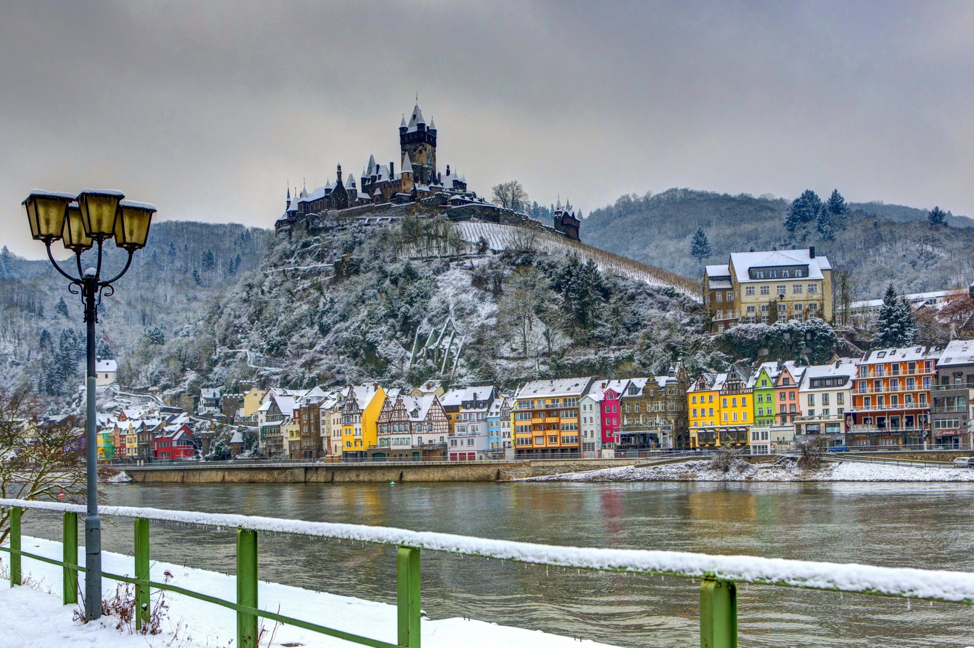 germany castle fortress winter house river cochem burg snow lamp