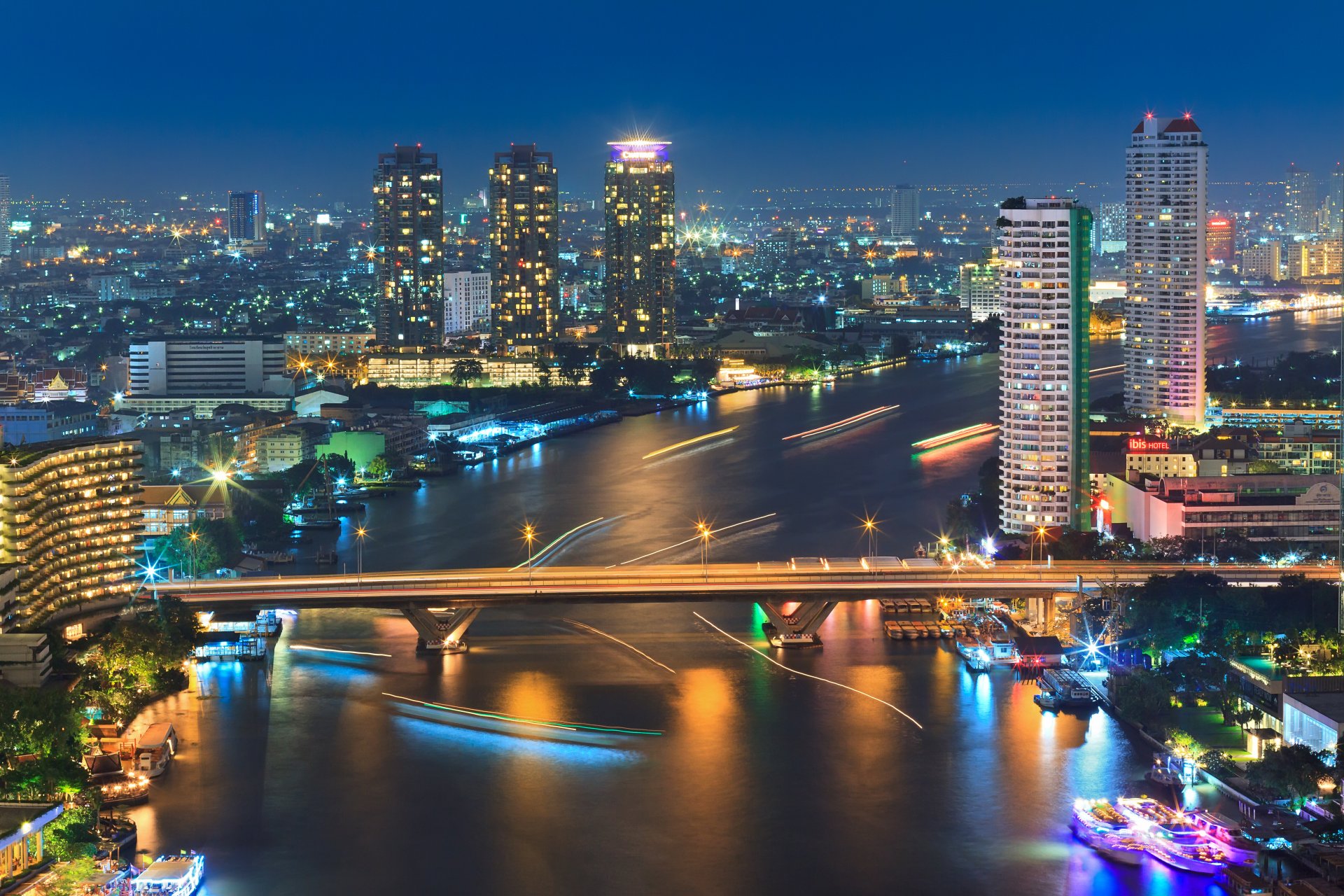 town bangkok thailand night river lights bridge boat extract by noom hh