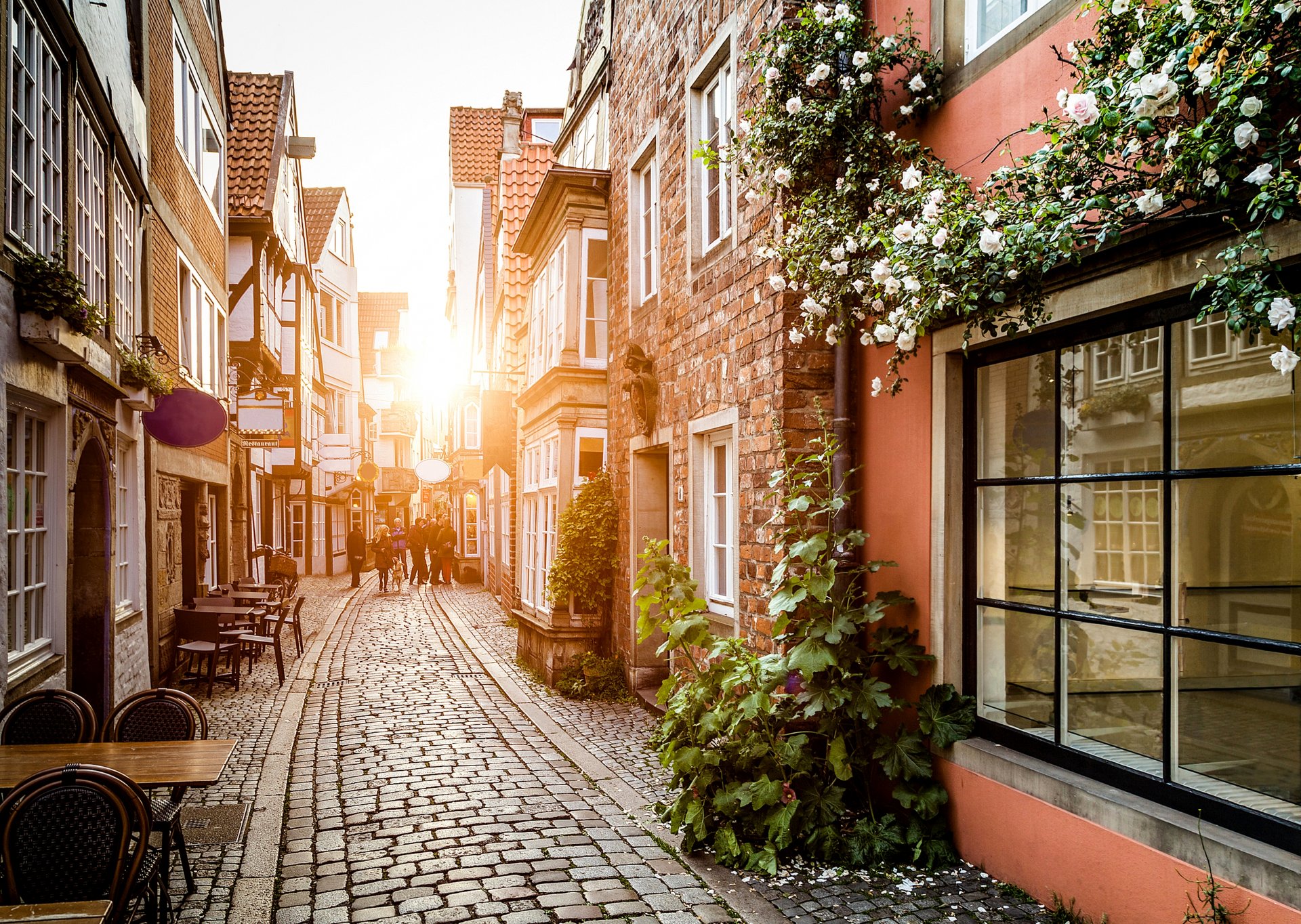 germany city street houses buildings windows flowers road paving stones tables people