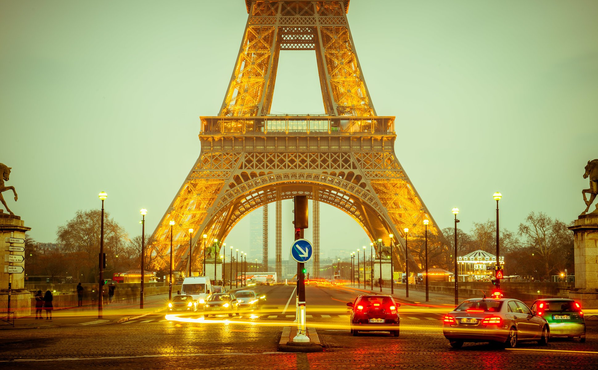 night france paris eiffel tower field of mars lamps lighting jena bridge machinery