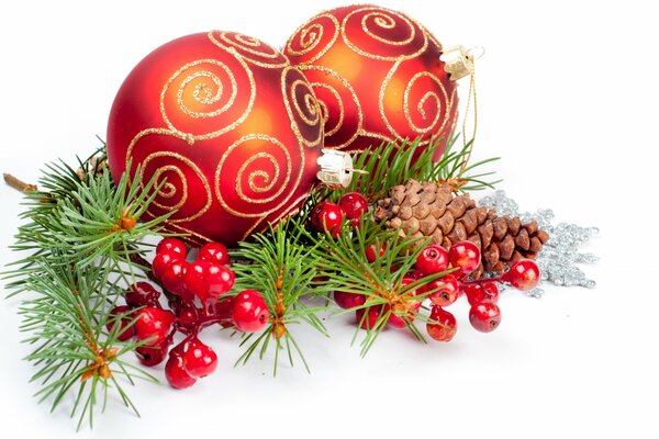 Christmas card with spruce branches and balloons