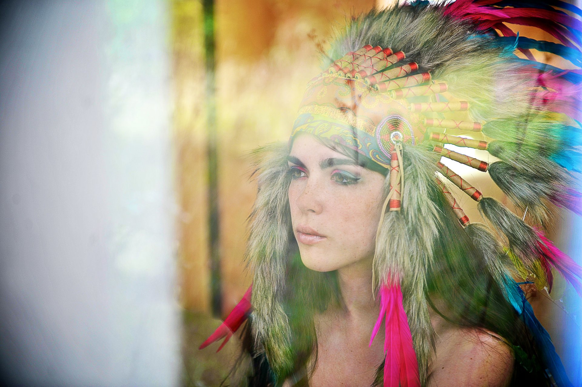 girl face view headwear feathers blur