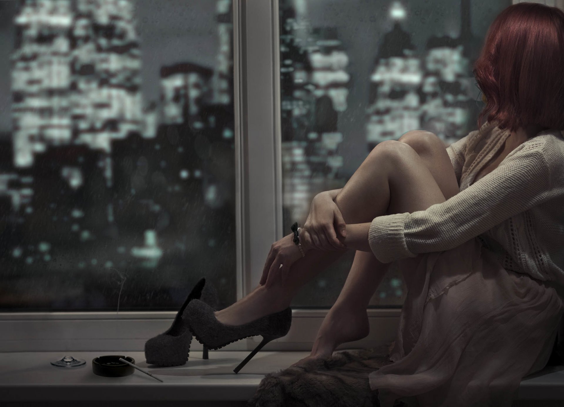 girl brown hair window shoes ashtray twilight sadne