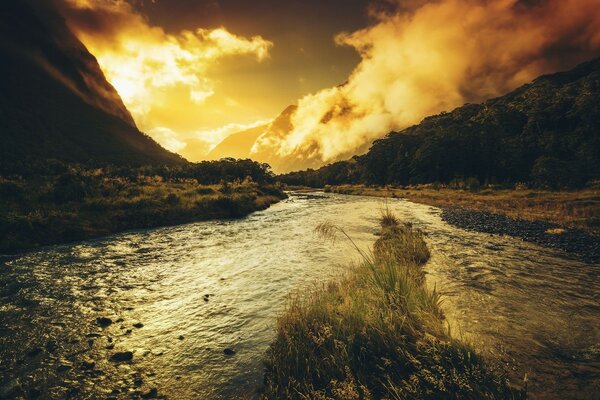 Landscape mountain river at sunset