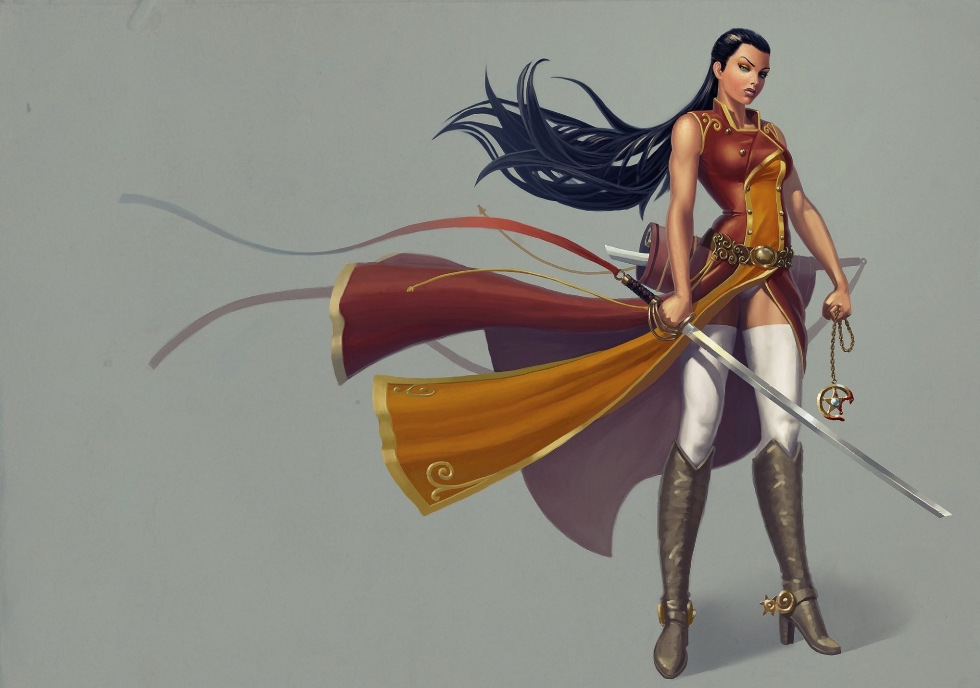 weapon girl suit studs views gray background sword boots warrior long hair