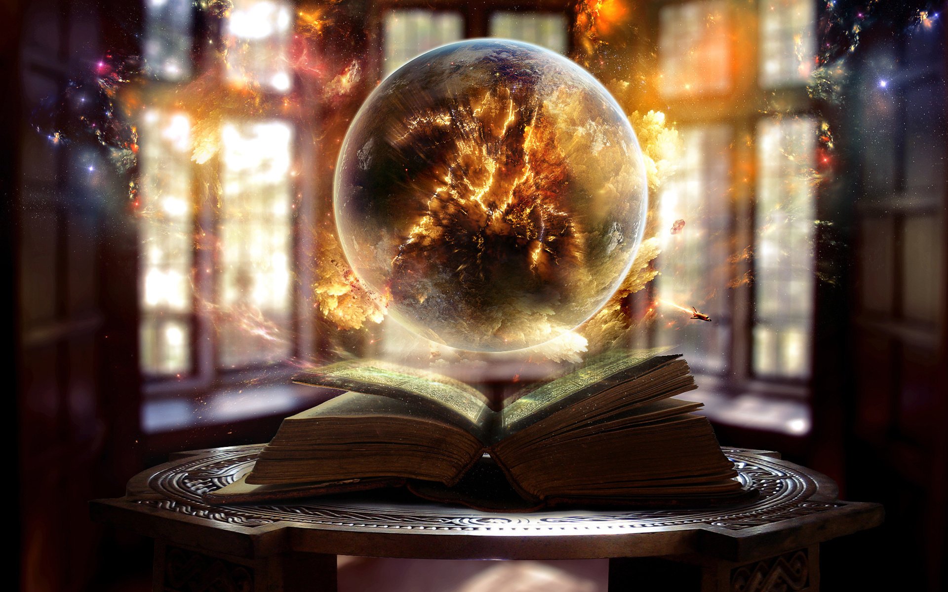 book windows sphere light sparks fire magic ball