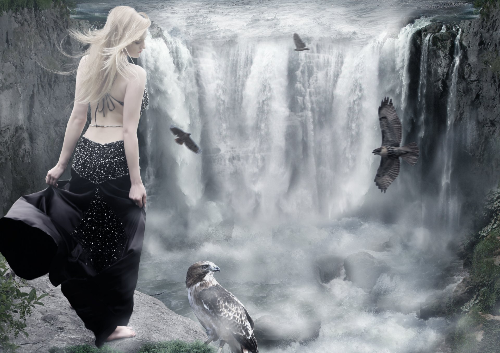 girl spin dress blonde section birds water waterfall