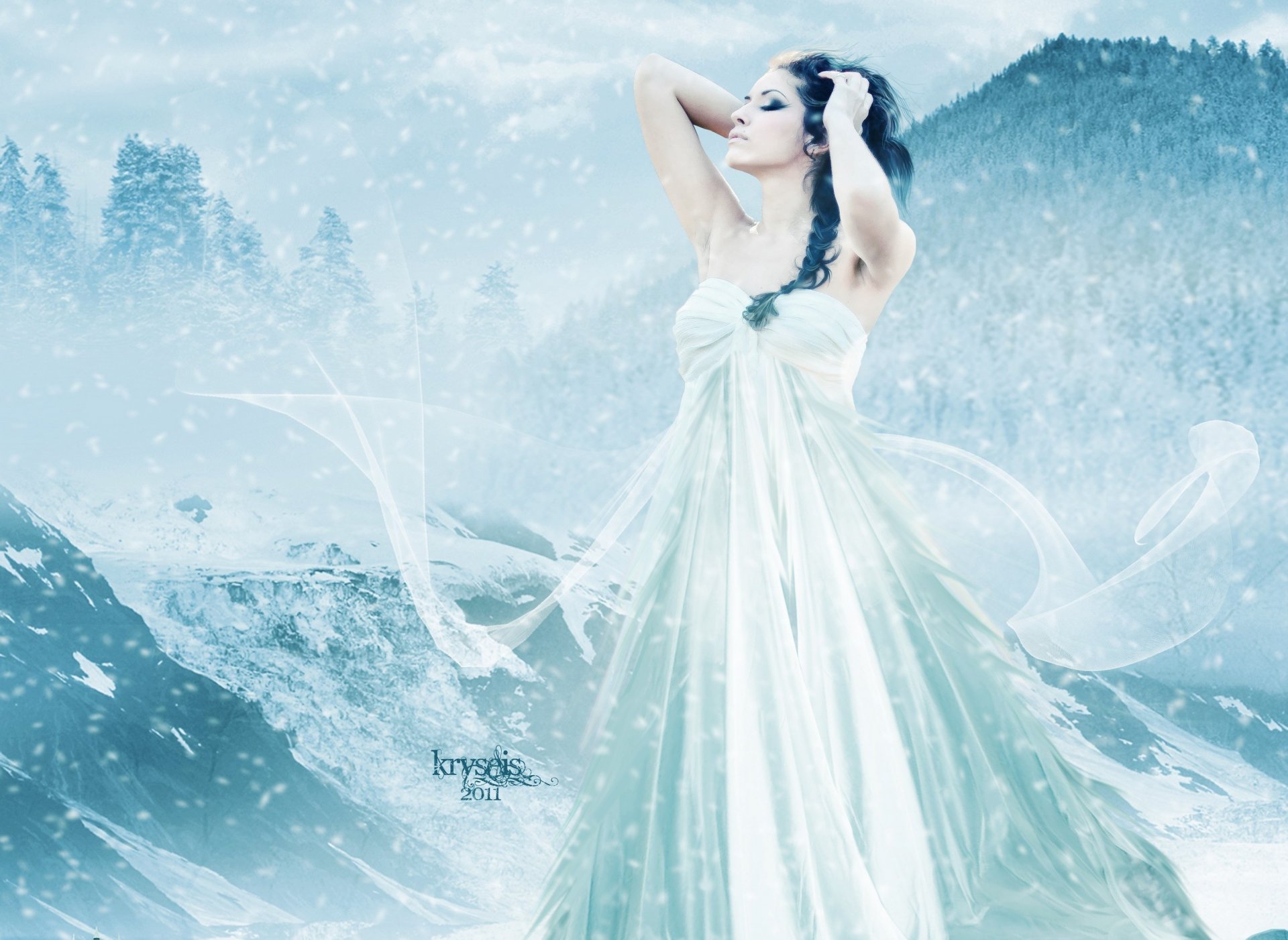girl art face section make-up hair curls dress hands snow winter cool mountain sky