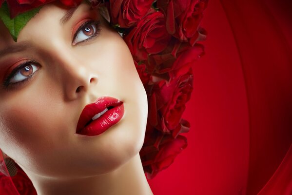 A girl with a wreath of roses on her head