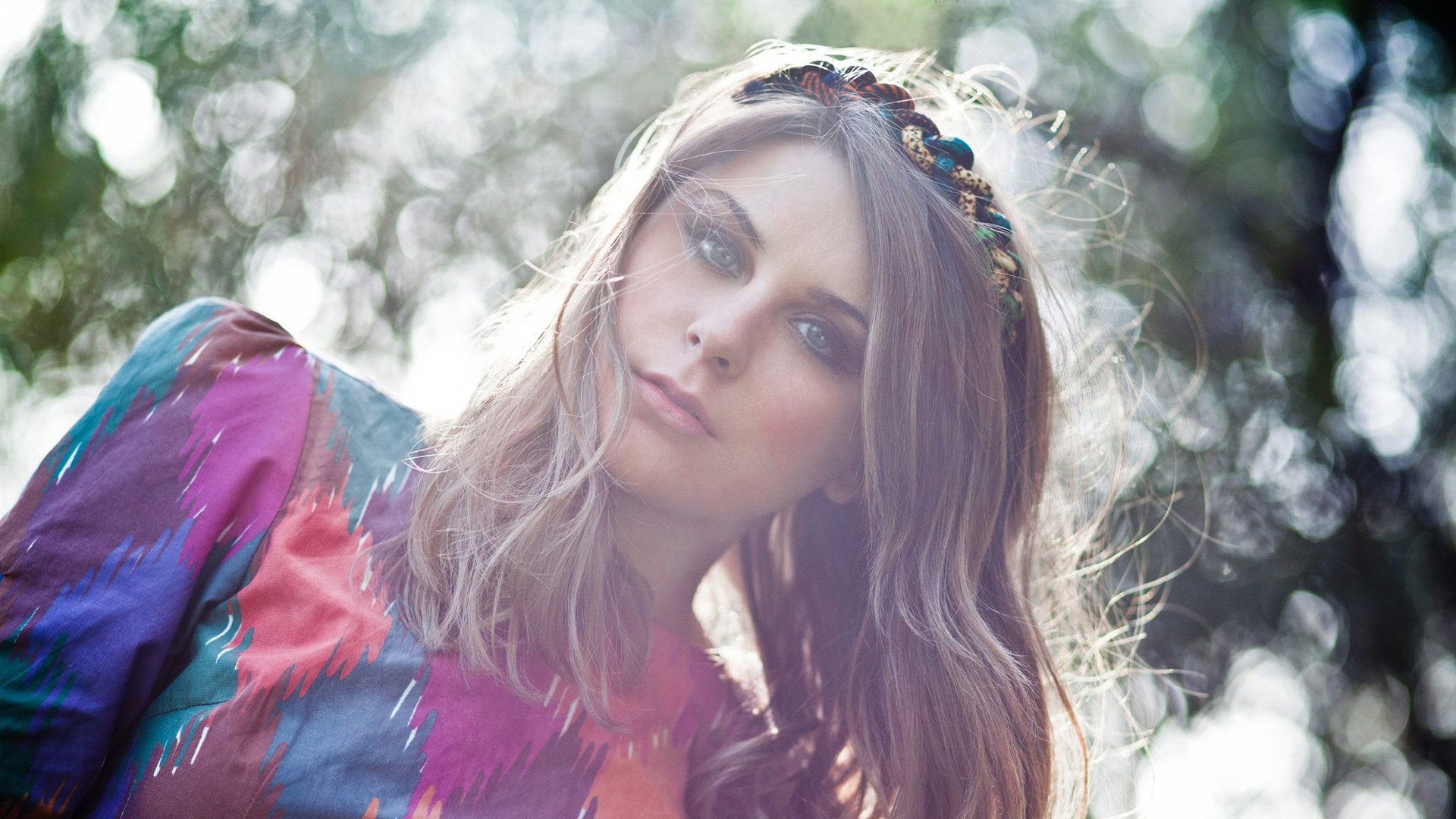 ituations girl blonde face makeup eyes look headband decoration rope stripe trees blur background wallpaper