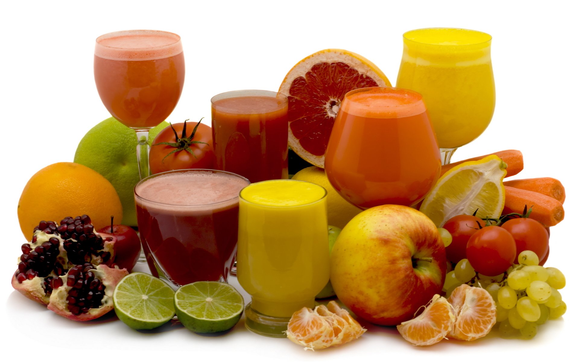 juices pomegranate orange lemon tomato carrot apple freshness tangerine lime glasses wine glasses grape