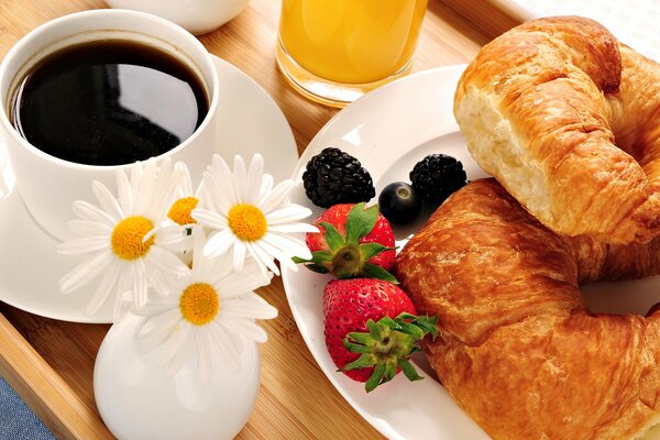 Breakfast on a tray, coffee and croissants