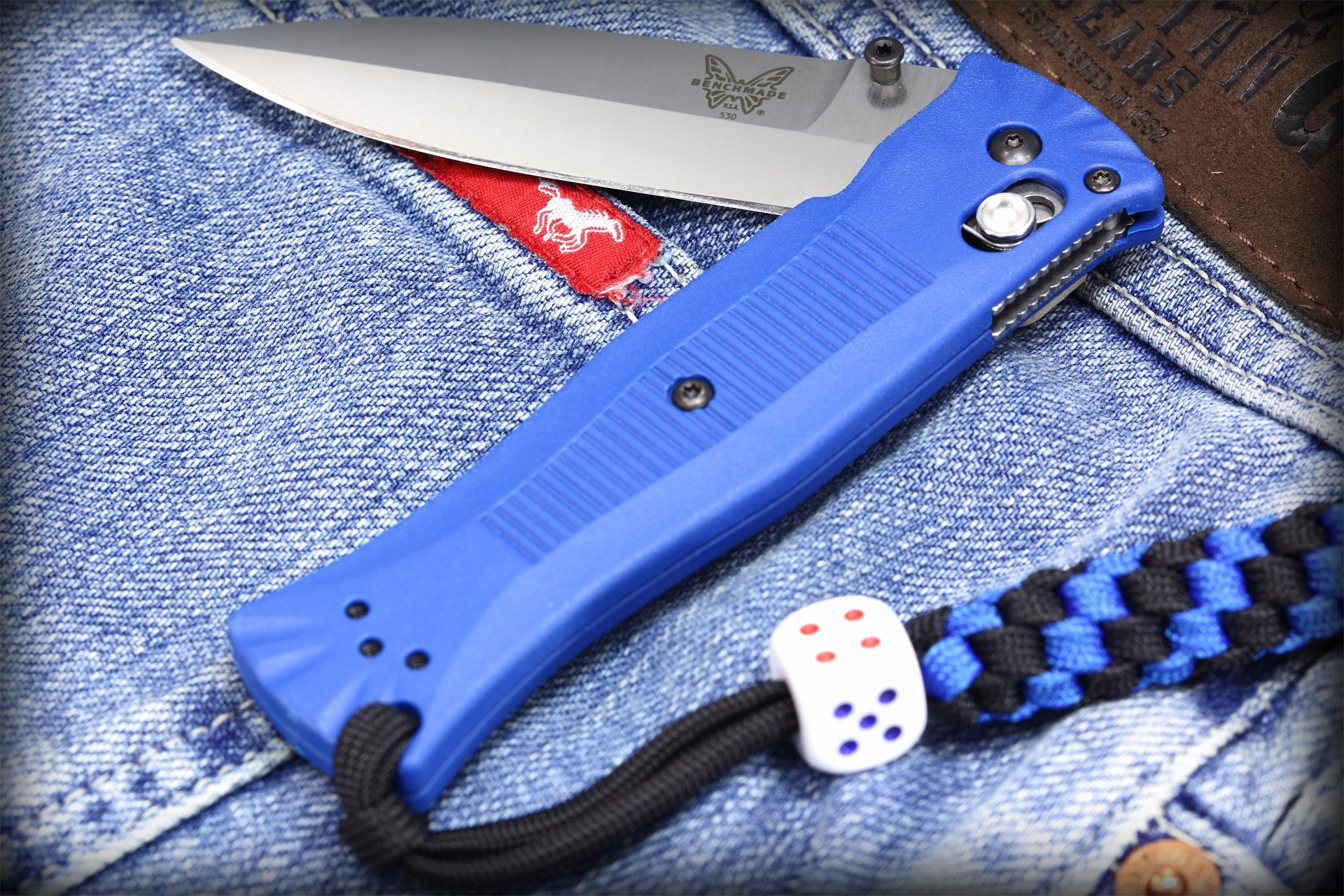 knife folding benchmade blue jeans power cord lanyard