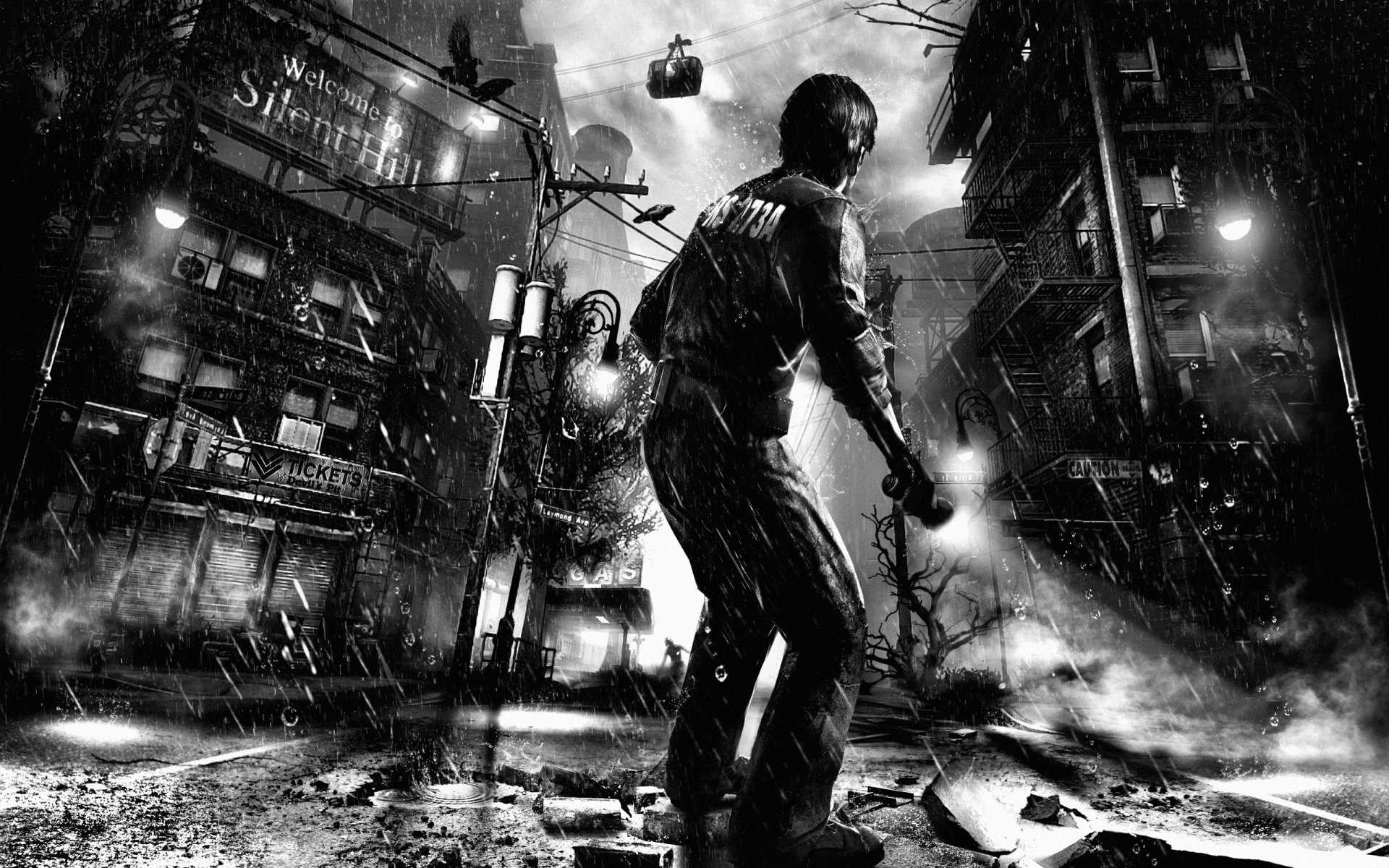 ilent hill : downpour welcome silent hill downpour murphy pendleton prisoner city street flashlight crows fog windows balconies houses lanterns road moon trees monster rain murphy pendleton quiet hill