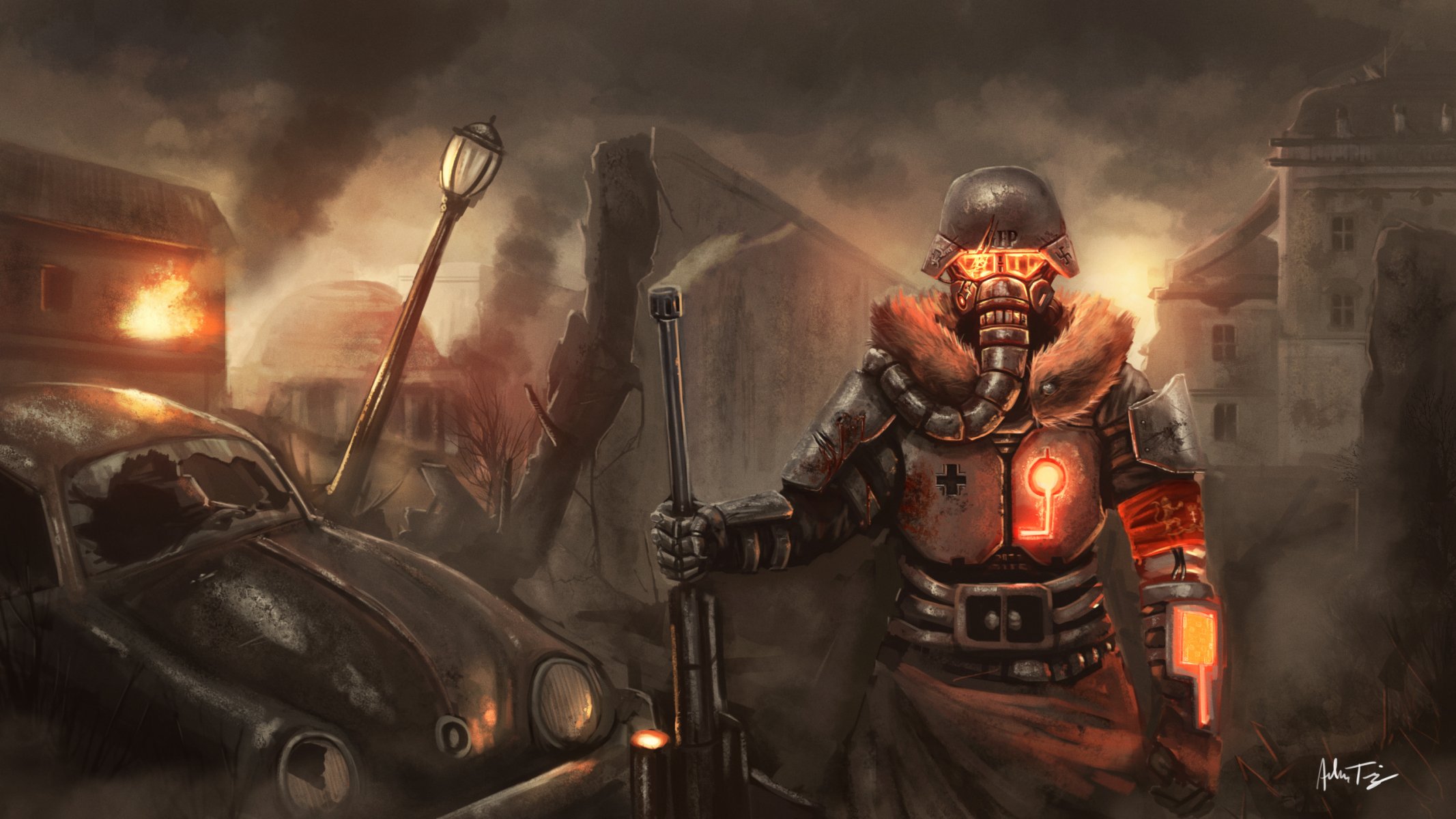 art fallout berlin men metal mask helmet machine town light ruins fence fire weapon rifle bandage blood fragments german