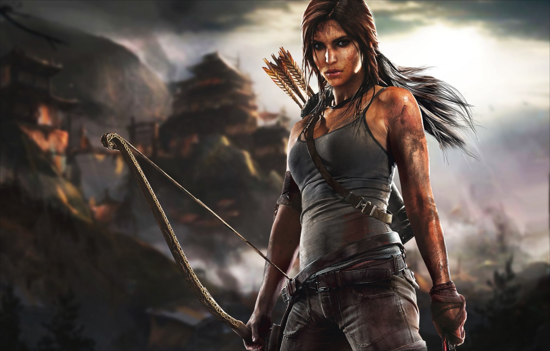 tomb raider lara croft crystal dynamics square enix tomb raider bow survival girl chest dirt clouds