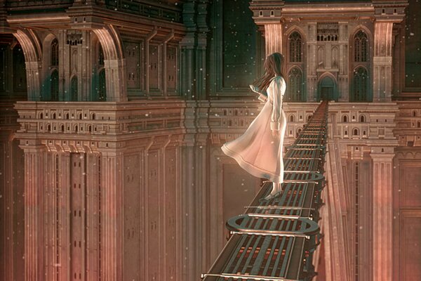 Fantasy image of a girl on a bridge