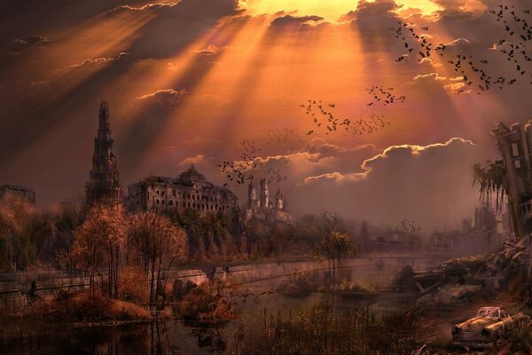 Beautiful sunset over the Moscow River