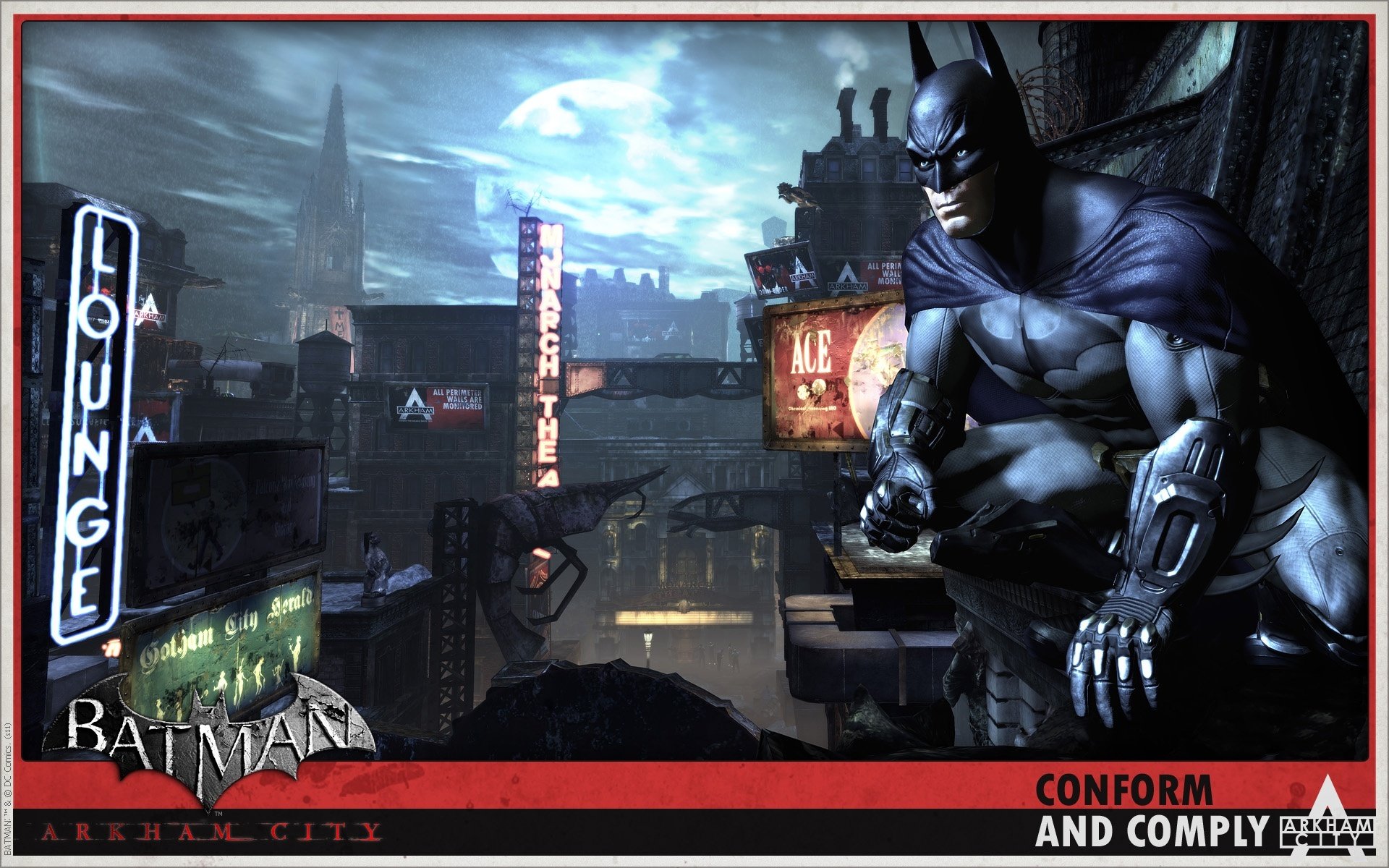 batman arkham city town signs night moon