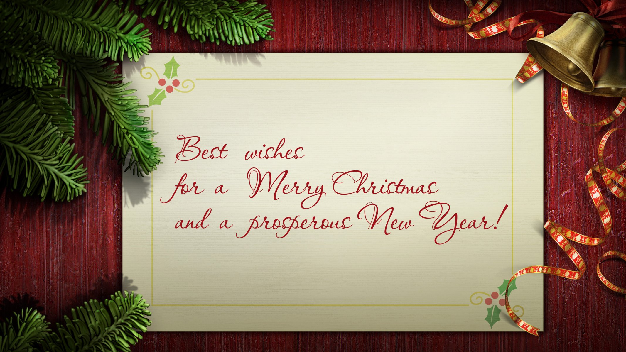 christmas holiday words greeting bells branch spruce