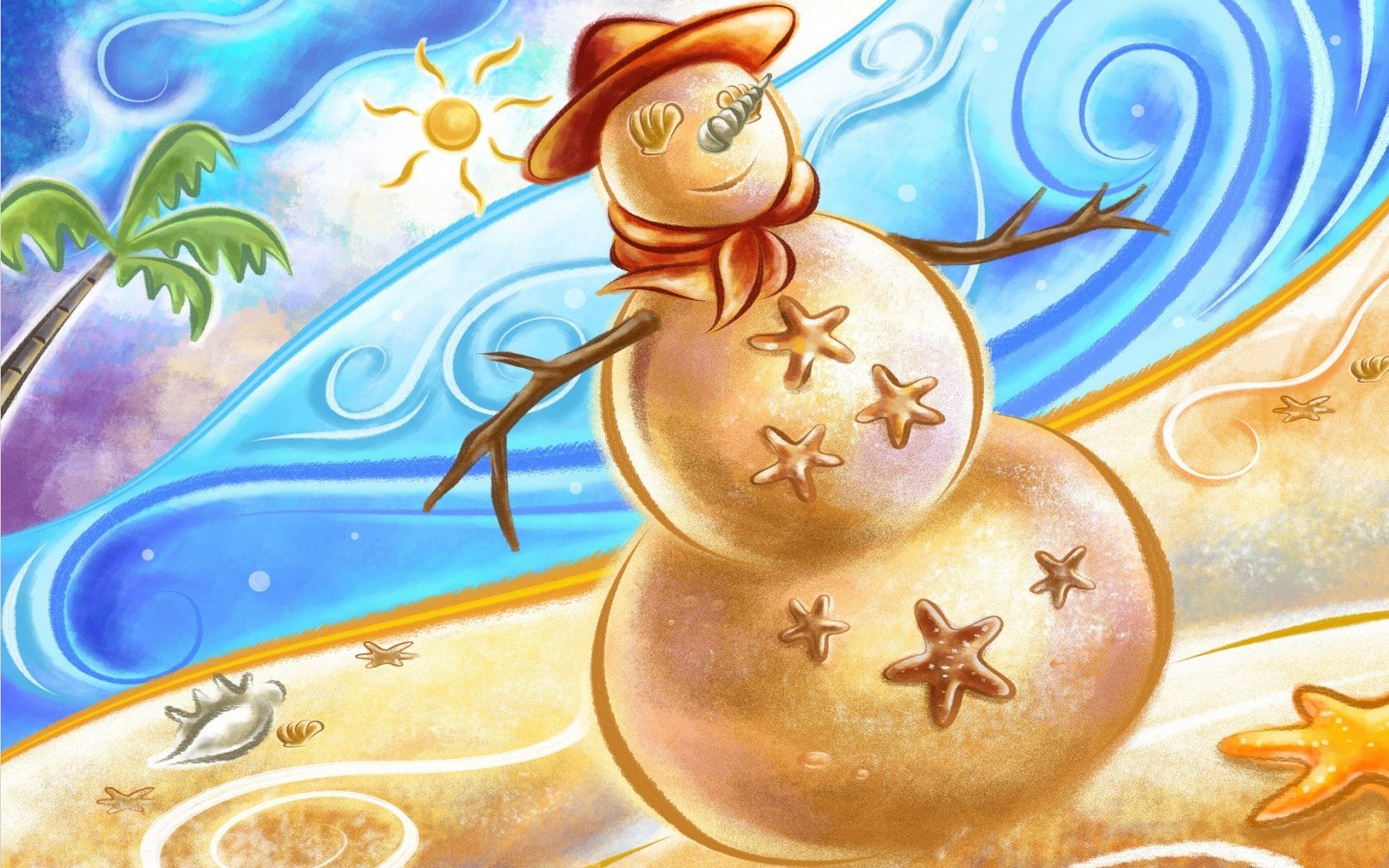 new year snowman snowman made of sand sand beach shells sea heat