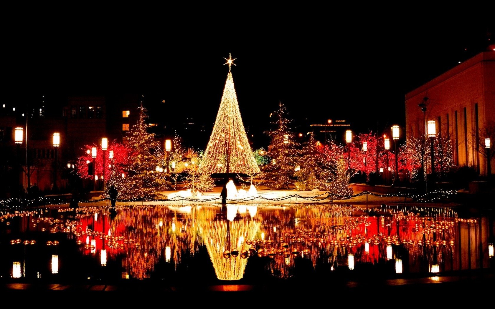 night town square lights garland water reflection