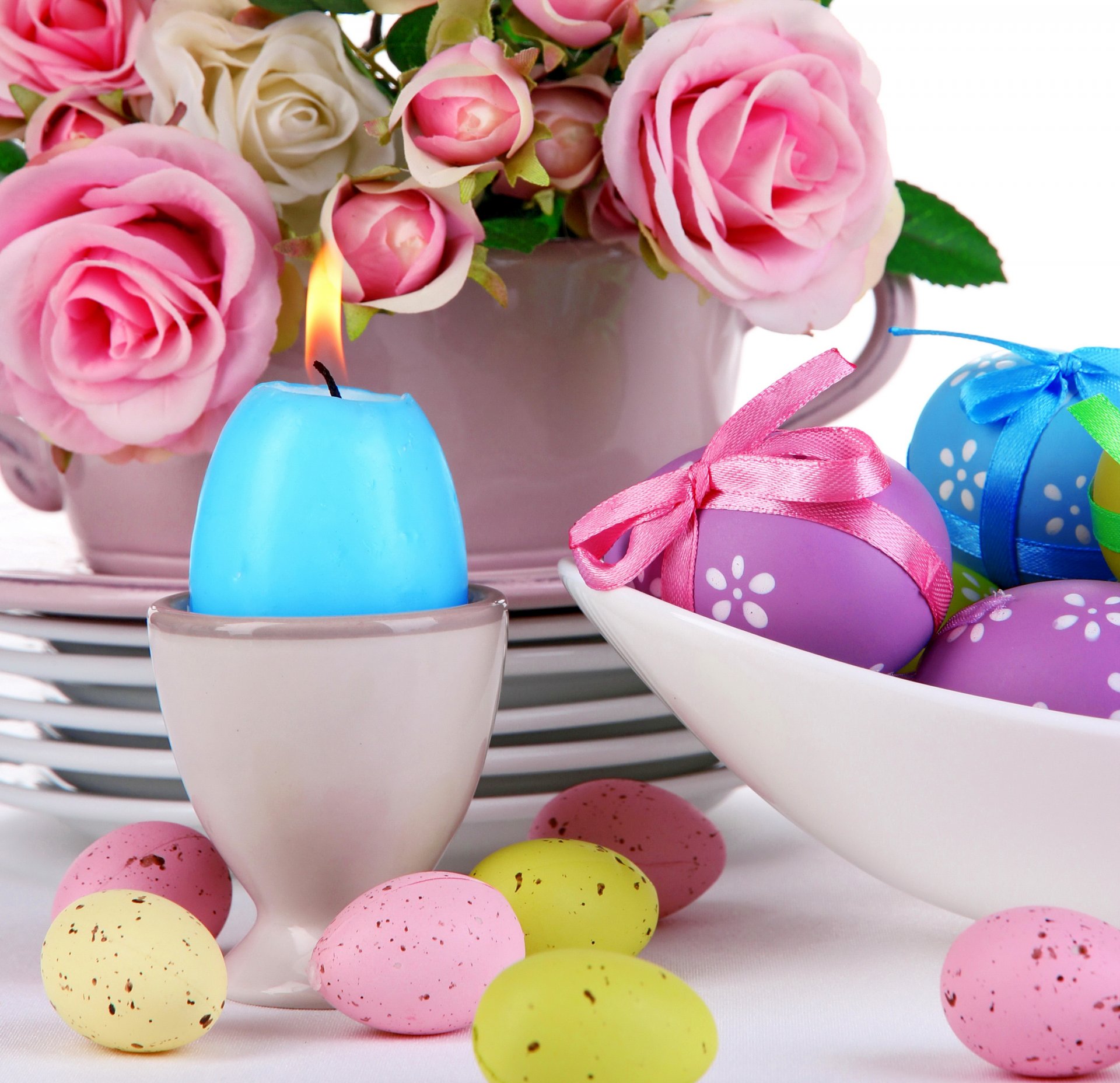 easter eggs roses flowers candle pink pastel serving