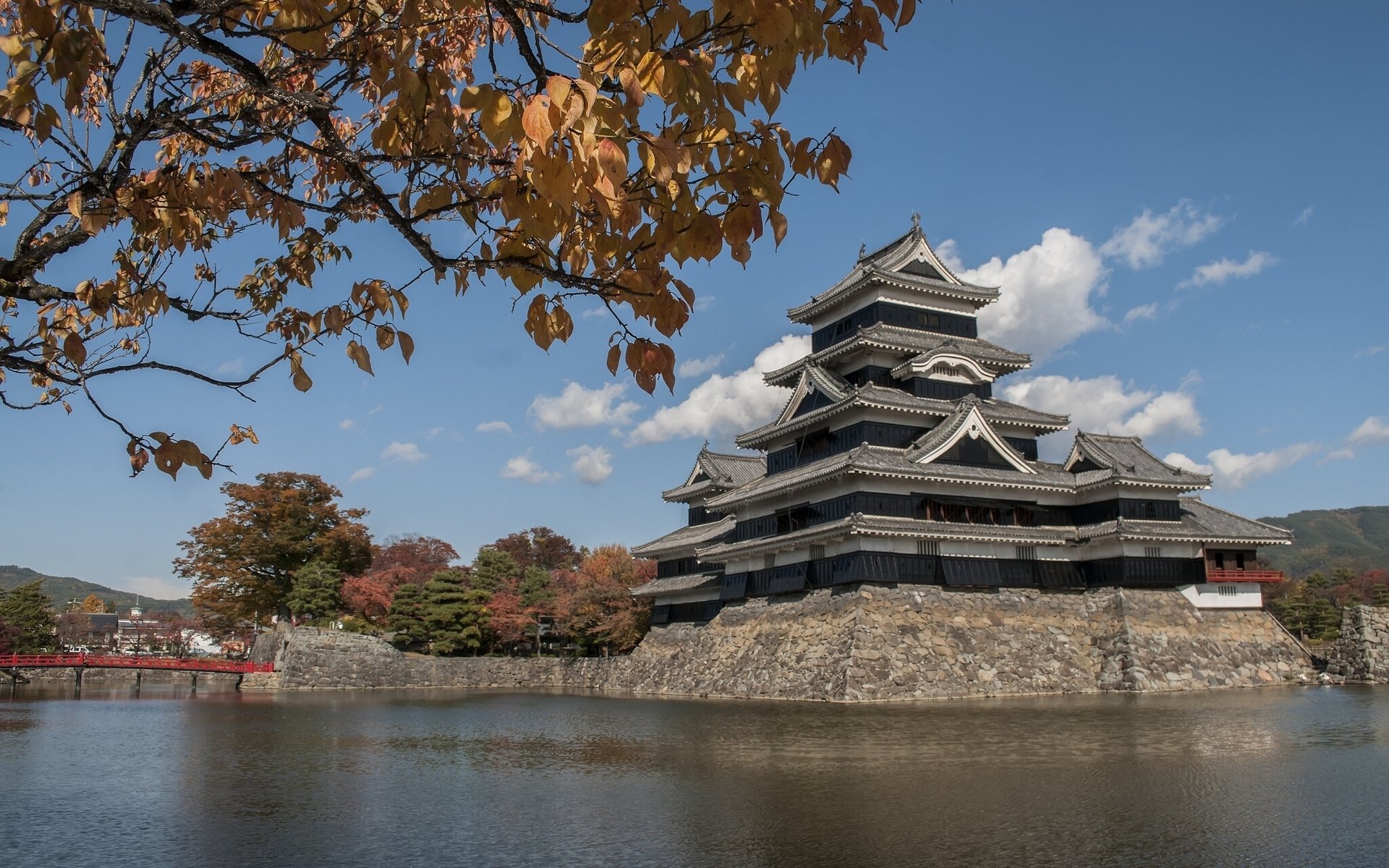 matsumoto castle karasu-jo matsumoto japan branches leaves water