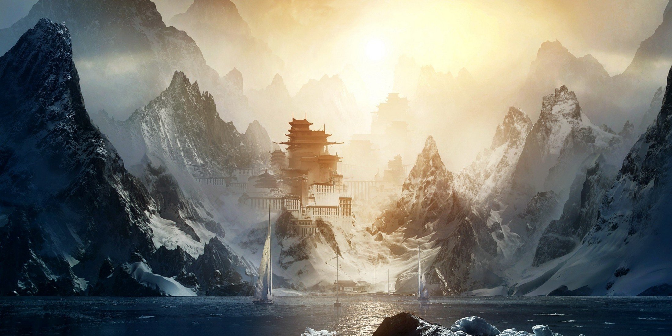 mountain sun water ship town castle snow