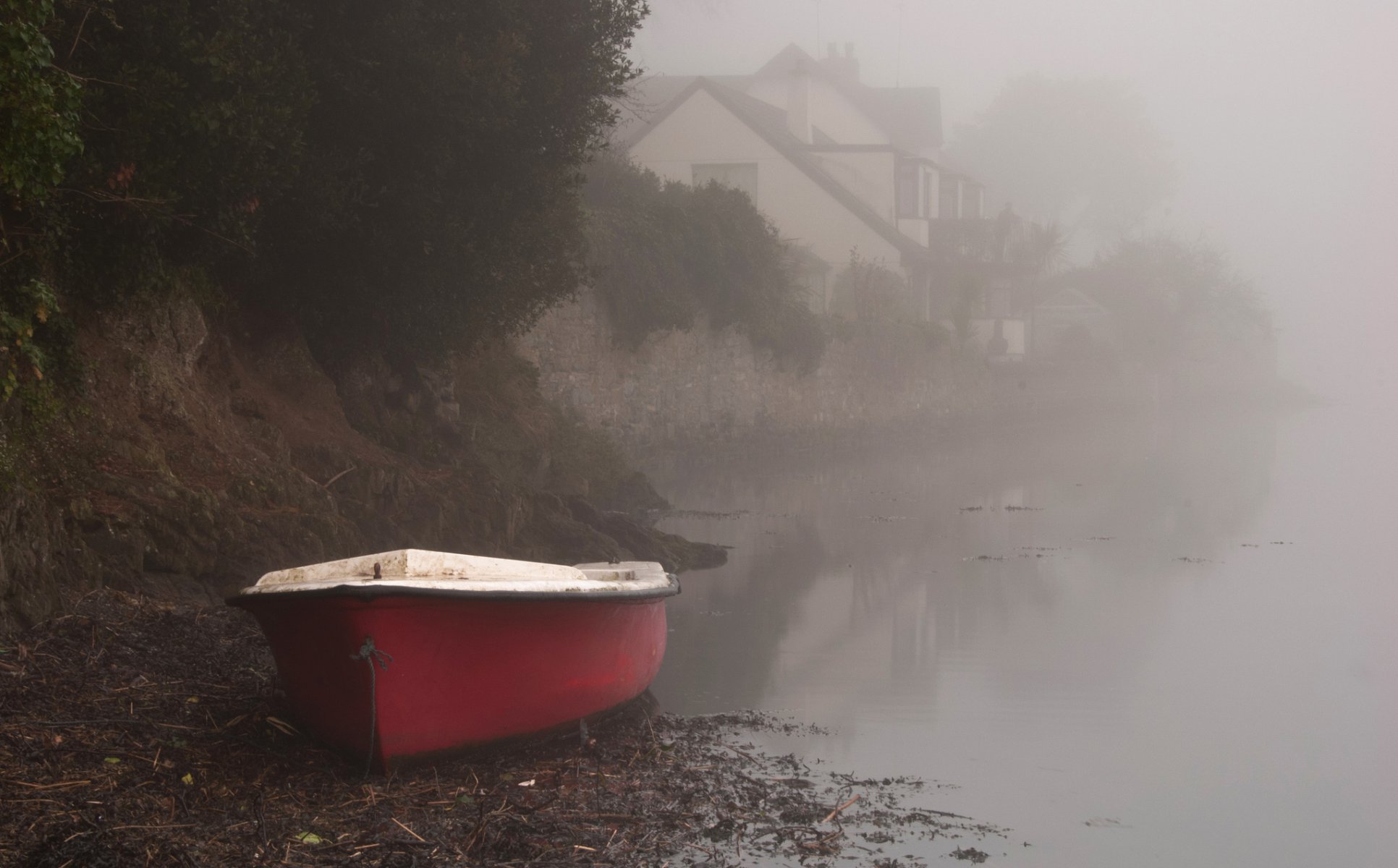 boat river fog morning beach house