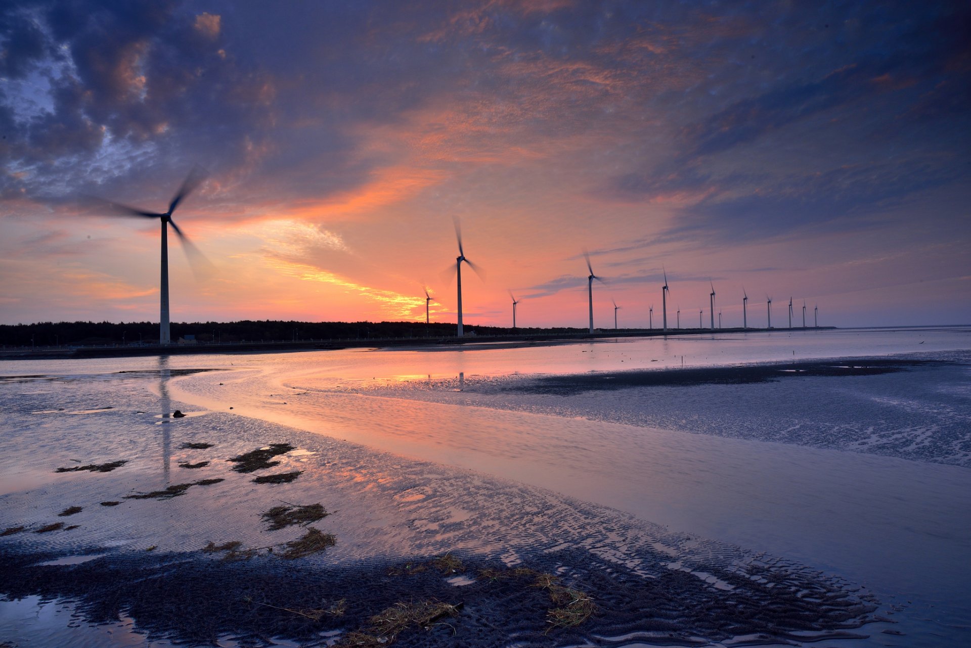 windmills propeller of the blade twilight water stranded algae