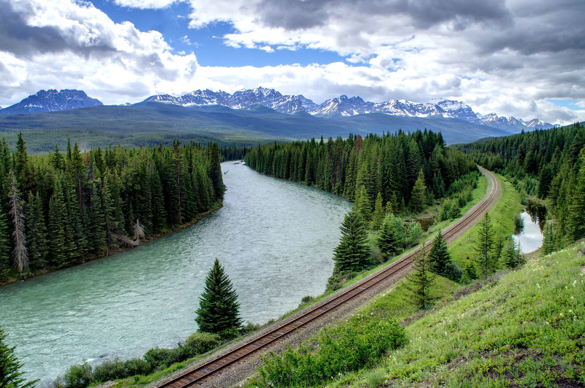 ky clouds mountain river road forest tree rails spruce nature