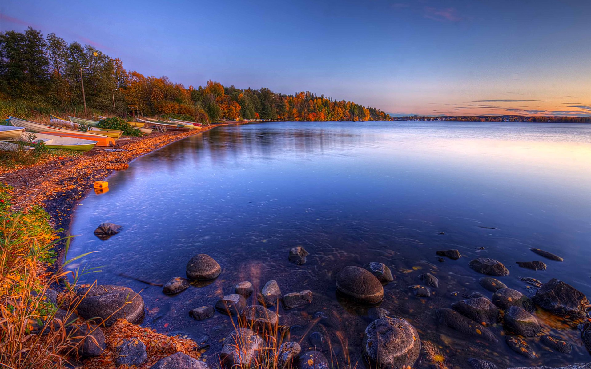 nature landscape sky clouds lake autumn boat