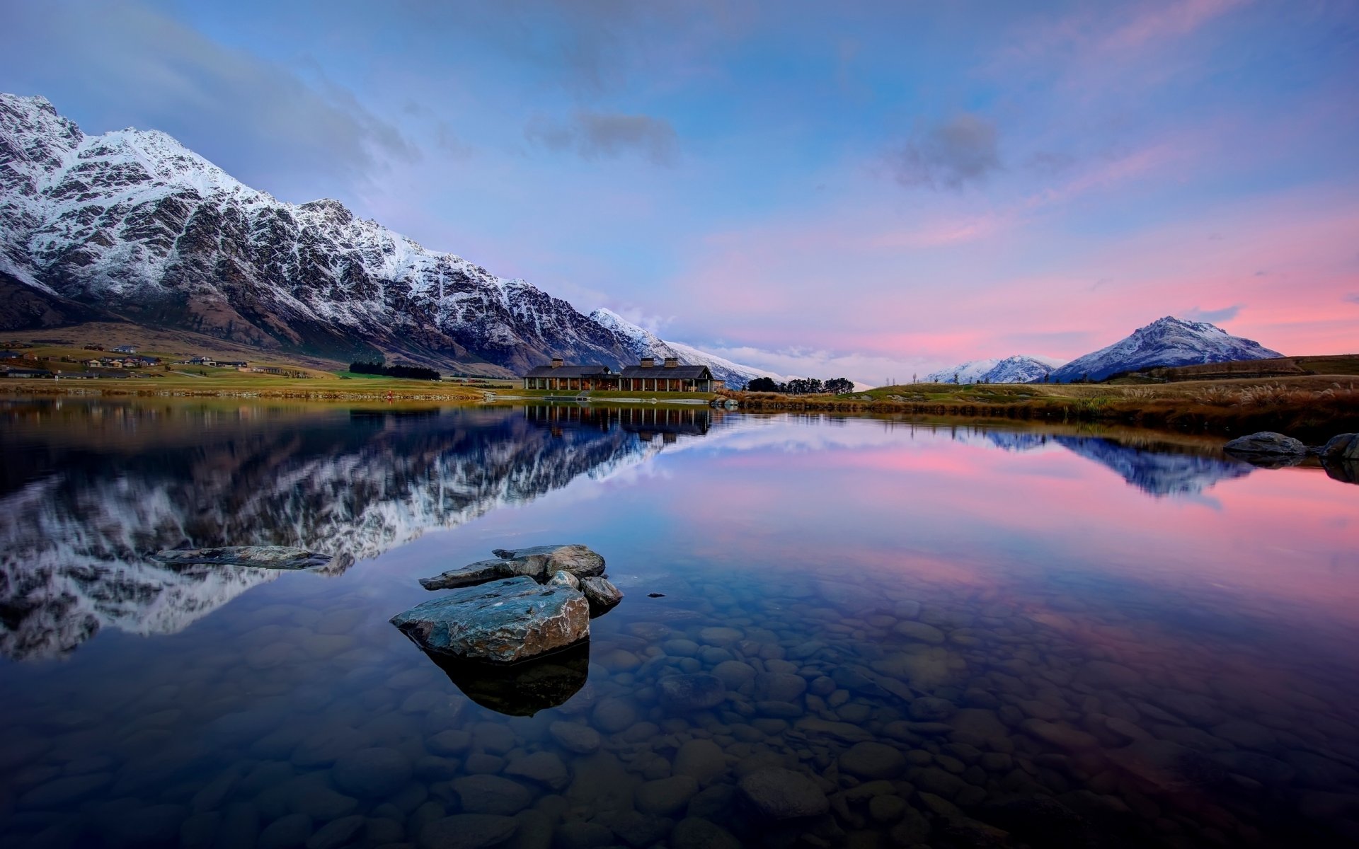 unset mountain nature lake