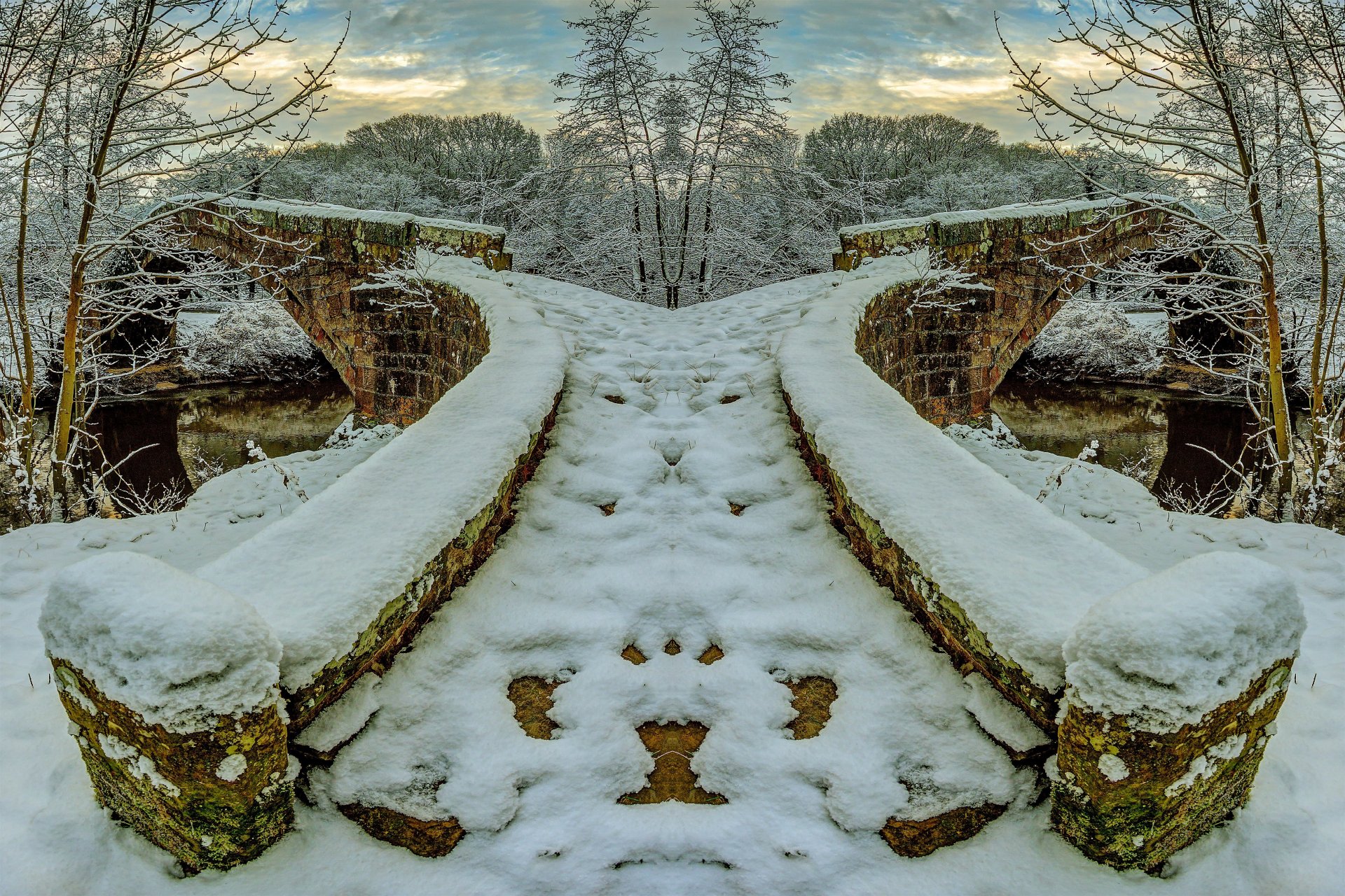 winter river stone bridge snow tree frost sky