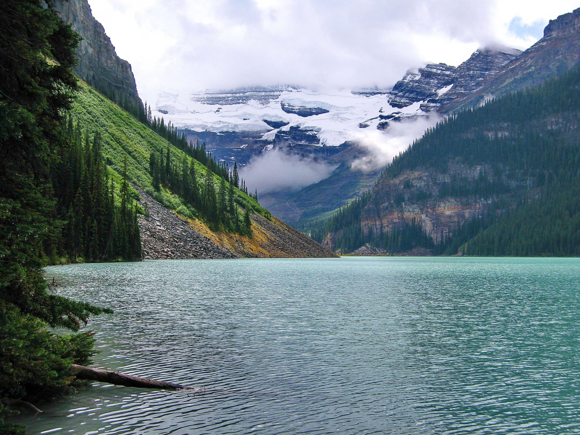 lake louise banff national park alberta canada mountain clouds forest lake