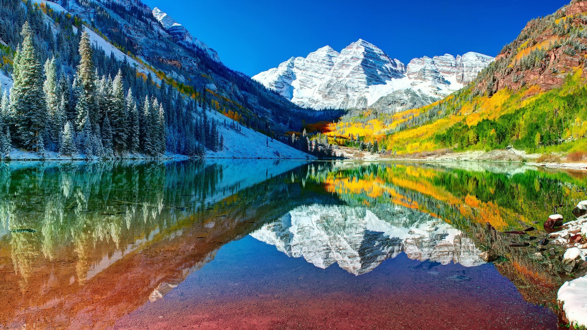 united states colorado mountain lake autumn sky forest snow water reflection