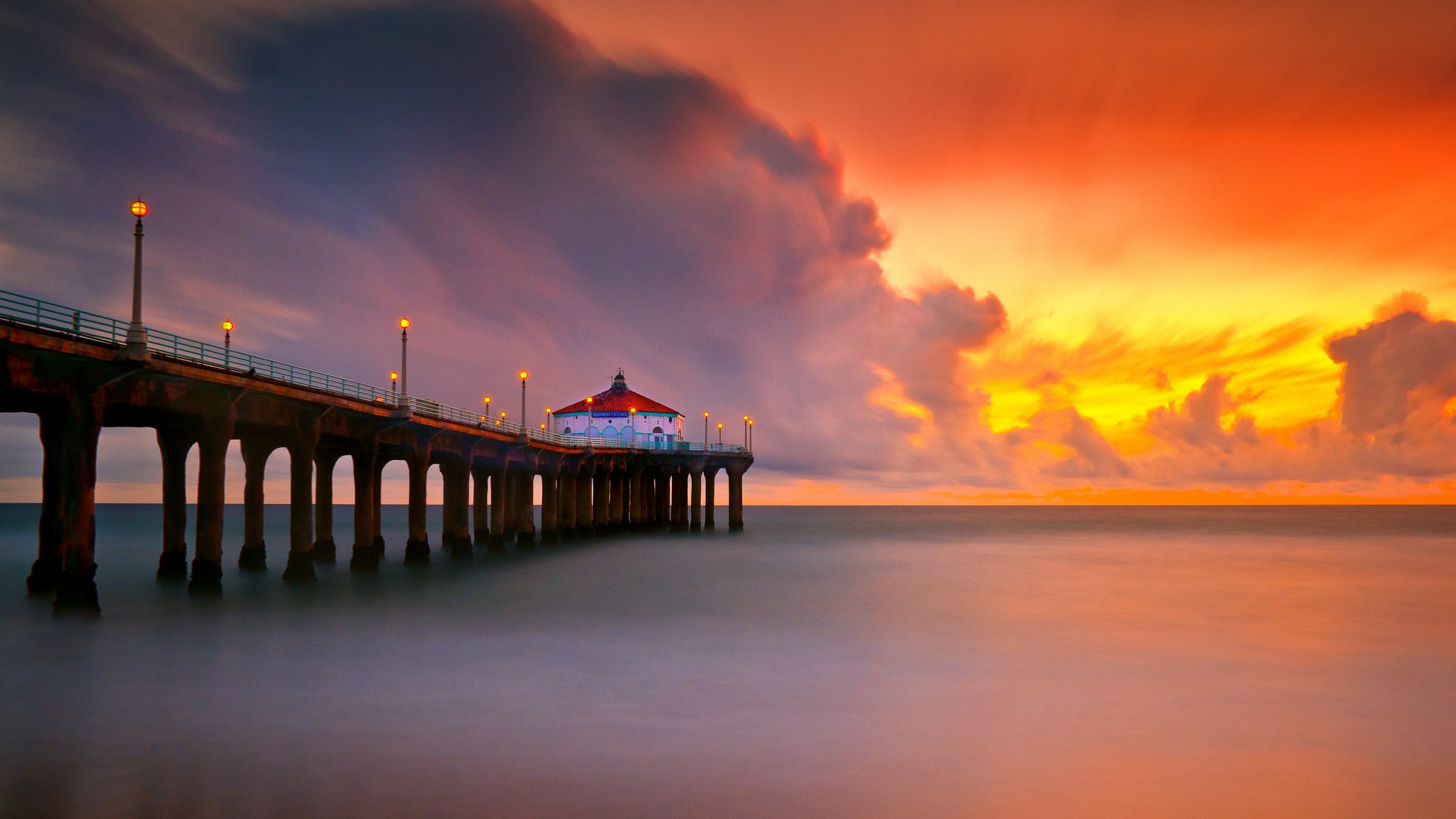 beach. sea calm sunset . pier light