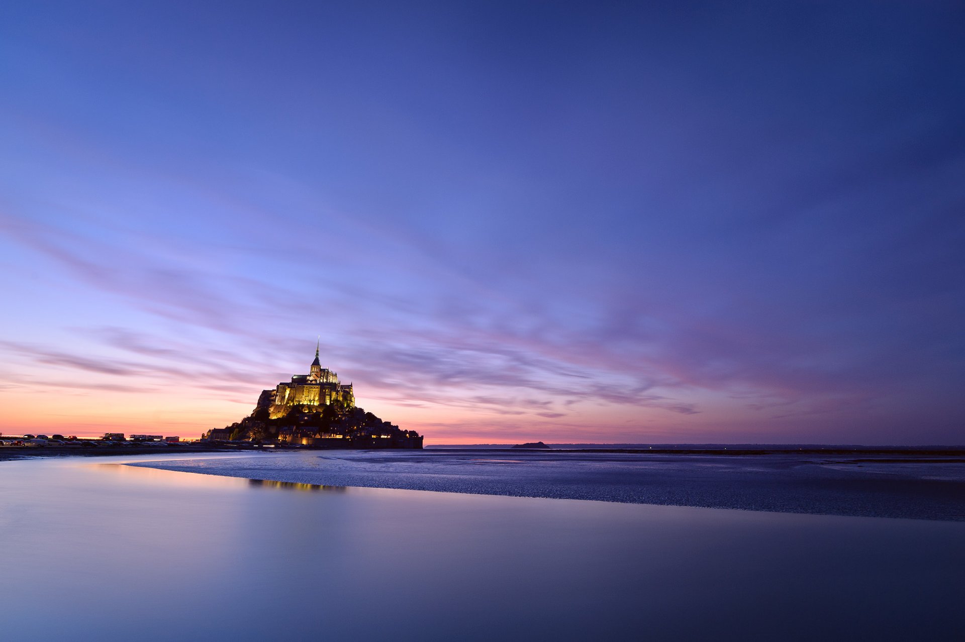 france normandy mont saint-michel island castle mont-saint-michel fortress lights light mount michael the archangel night sunset sky cloud