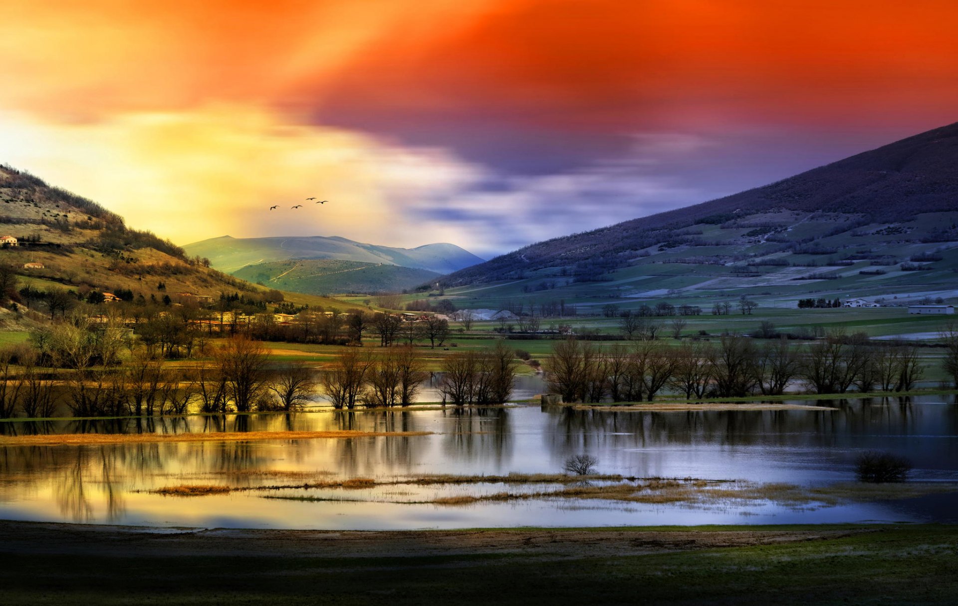 landscape mountain water tree sky bird