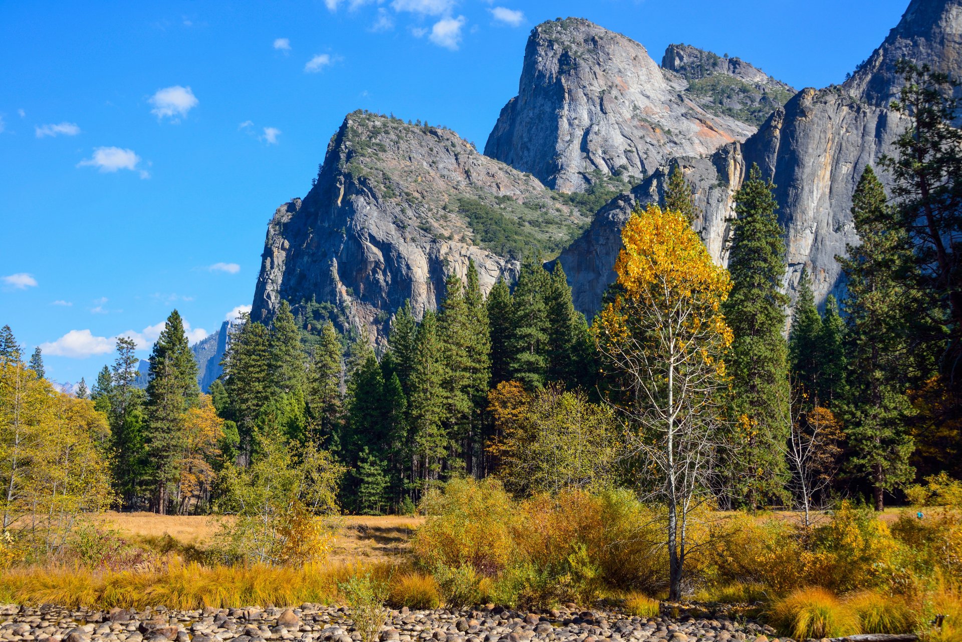 yosemite park sky mountain forest autumn tree bush stones rock