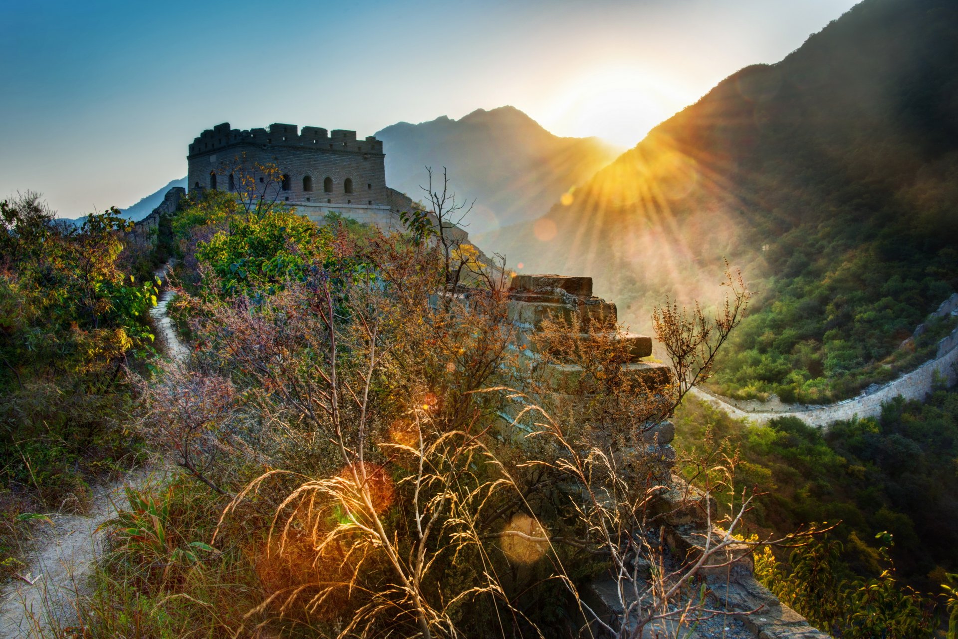 landscape china the great wall grass light ray