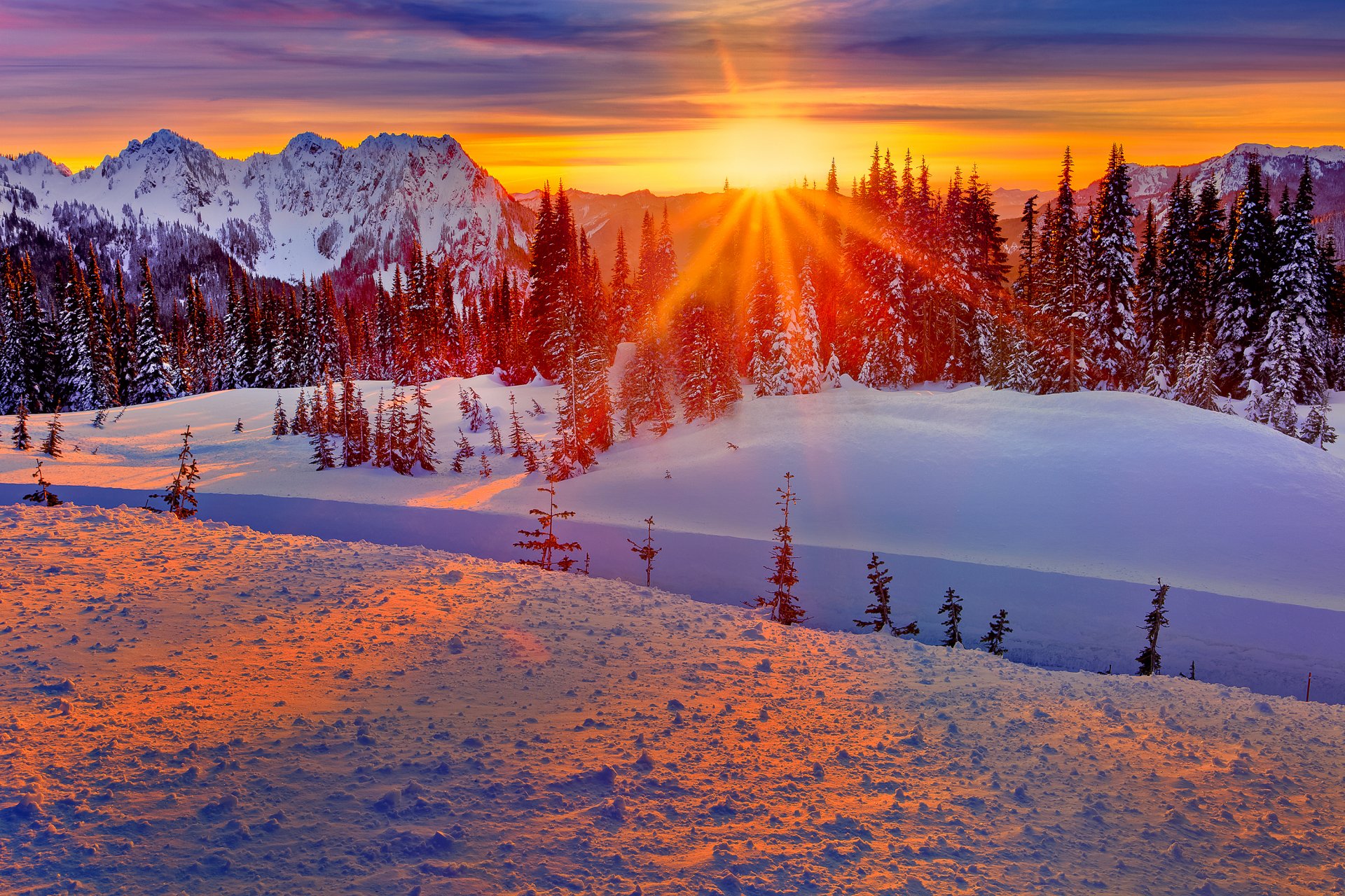washington united states winter mountain forest tree snow sunset sky sun ray